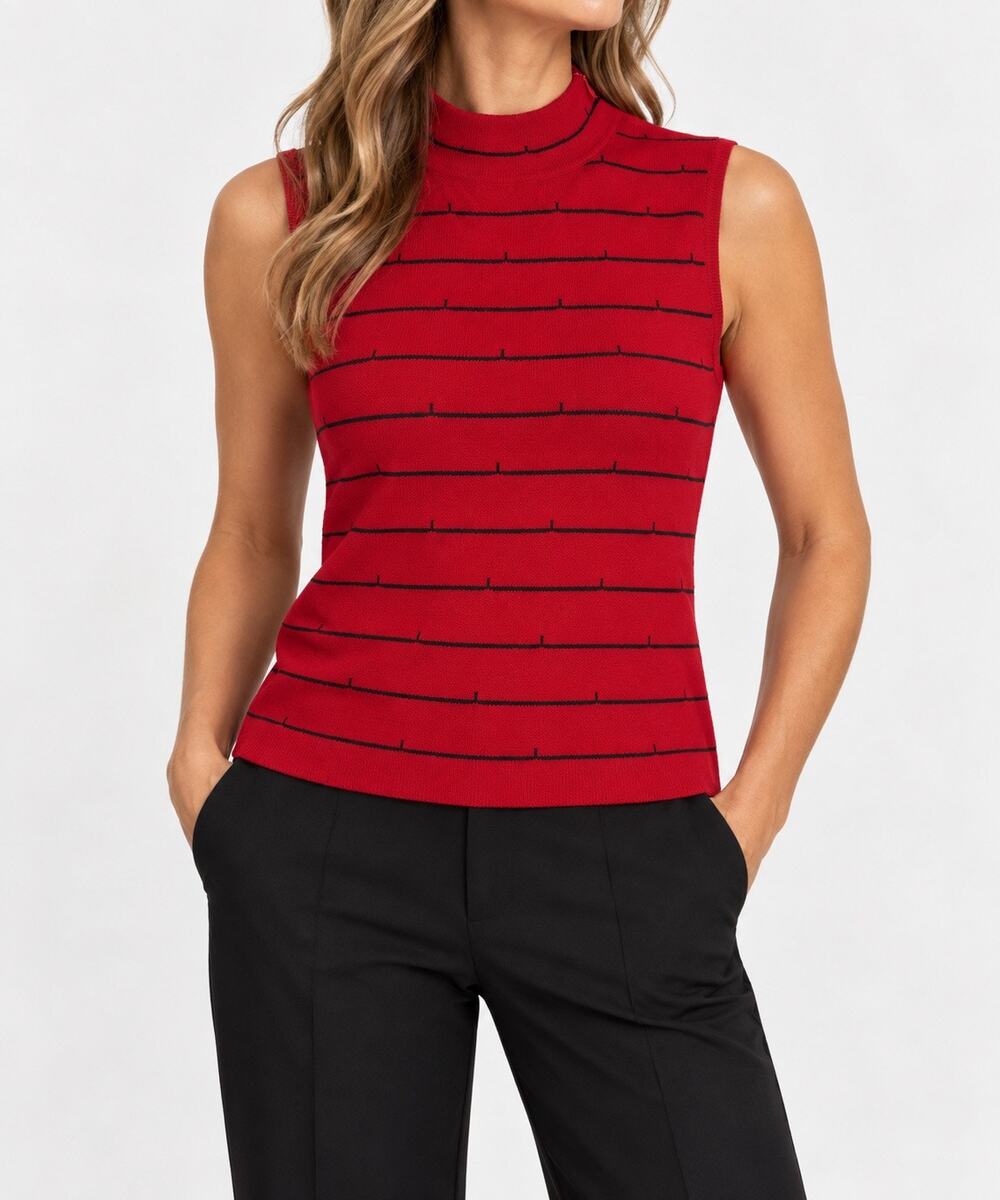 St John Sleeveless Knit Top Petite P Red Black Mock Neck Wool Blend Vintage 2002